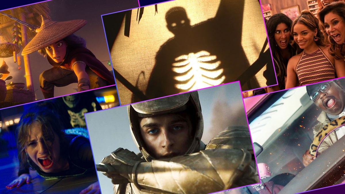 Grid featuring six stills from movies playing in 2021