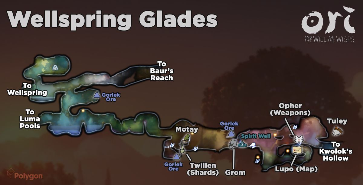 Ori and the Will of the Wisps Wellspring Glades map and item locations