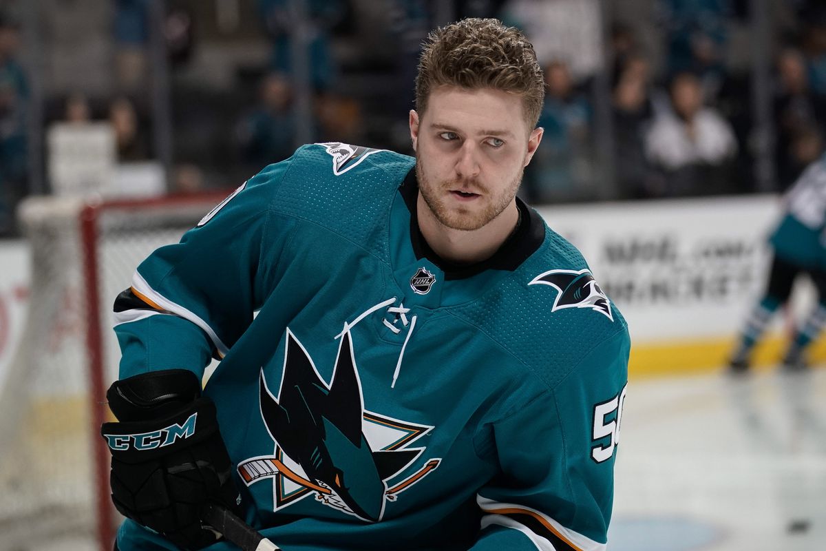 Apr 3, 2018; San Jose, CA, USA; San Jose Sharks center Chris Tierney (50) warms up before the game against the Dallas Stars at SAP Center at San Jose.
