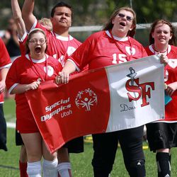 Spanish Fork walks in the opening ceremonies of the 2014 Unified Soccer State High School Tournament, hosted by Special Olympics Utah and the Utah High School Activities Association, at Hillcrest High School in Midvale on Saturday, May 3, 2014.