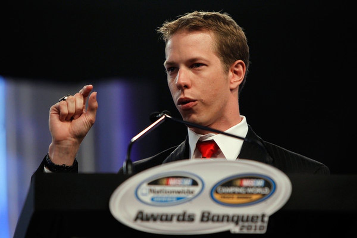 Nationwide Series champion Brad Keselowski speaks after receiving the Nationwide Series trophy during the NASCAR Nationwide/Camping World Truck Series Banquet at Loews Miami Beach Hotel.