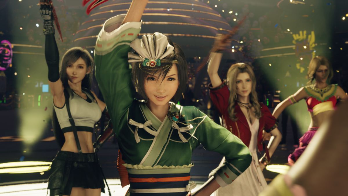 Tifa, Yuffie, and Aerith dance in a scene from Final Fantasy 7 Rebirth
