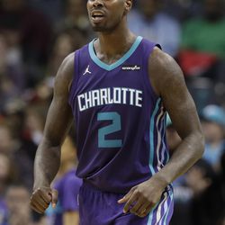 Charlotte Hornets' Marvin Williams (2) reacts to making a basket against the Utah Jazz during the second half of an NBA basketball game in Charlotte, N.C., Friday, Jan. 12, 2018. (AP Photo/Chuck Burton)