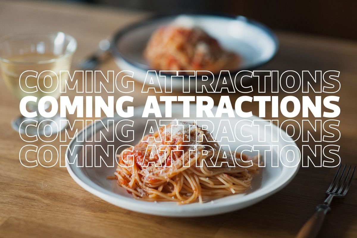 Two bowls of pasta with the words “coming attractions” super-imposed over the image, in the style of takeout bags with the word “thank you” on them.
