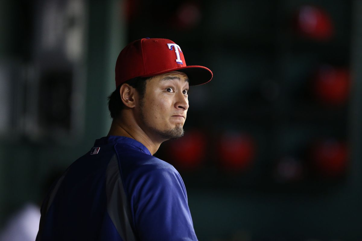 Yu Darvish no doubt watching David Murphy ground out to second base