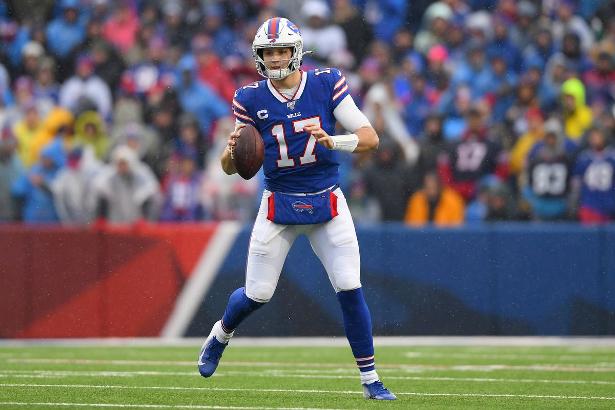 Buffalo Bills quarterback Josh Allen looks to pass against the New York Jets during the first quarter at New Era Field.