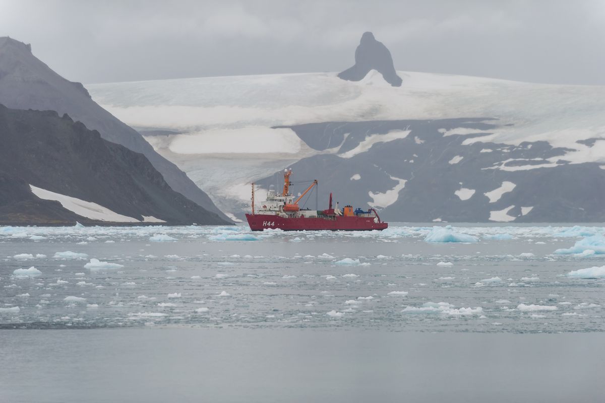 Polar ship Ary Rongel in Admiralty Bay with the Nunatak Needle in the background, on January 7, 2020, in King George Island, Antarctica.