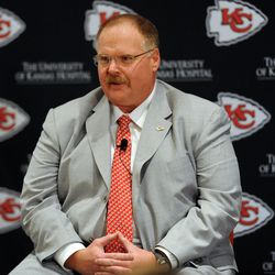 Kansas City Chiefs head coach Andy Reid answers questions from media during the press conference at Arrowhead Stadium.