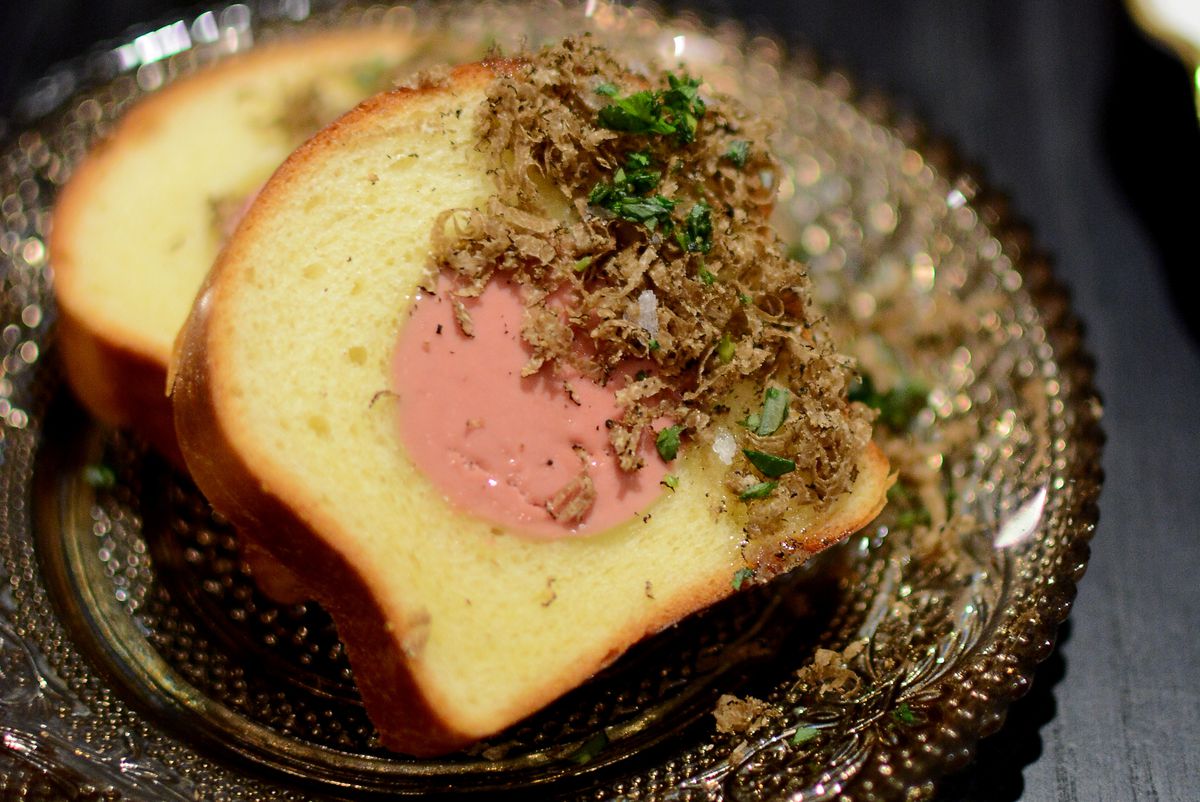 Hollowed out brioche with chicken liver at Pasjoli.