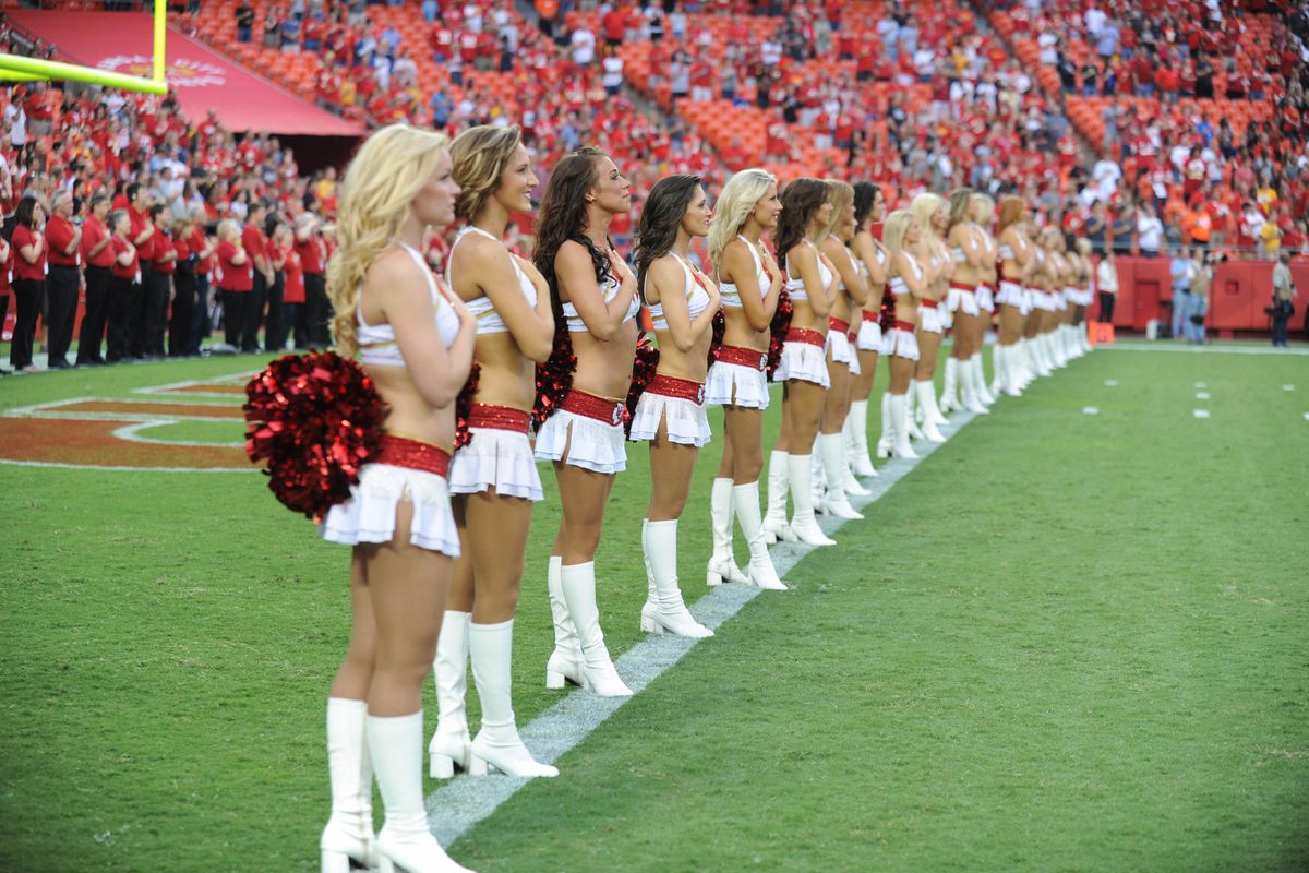 August 24, 2012; Kansas City, MO, USA; Kansas City Chiefs cheerleaders stand on the goal line before the game against the Seattle Seahawks at Arrowhead Stadium. Seattle won the game 44-14. Mandatory Credit: Denny Medley-US PRESSWIRE