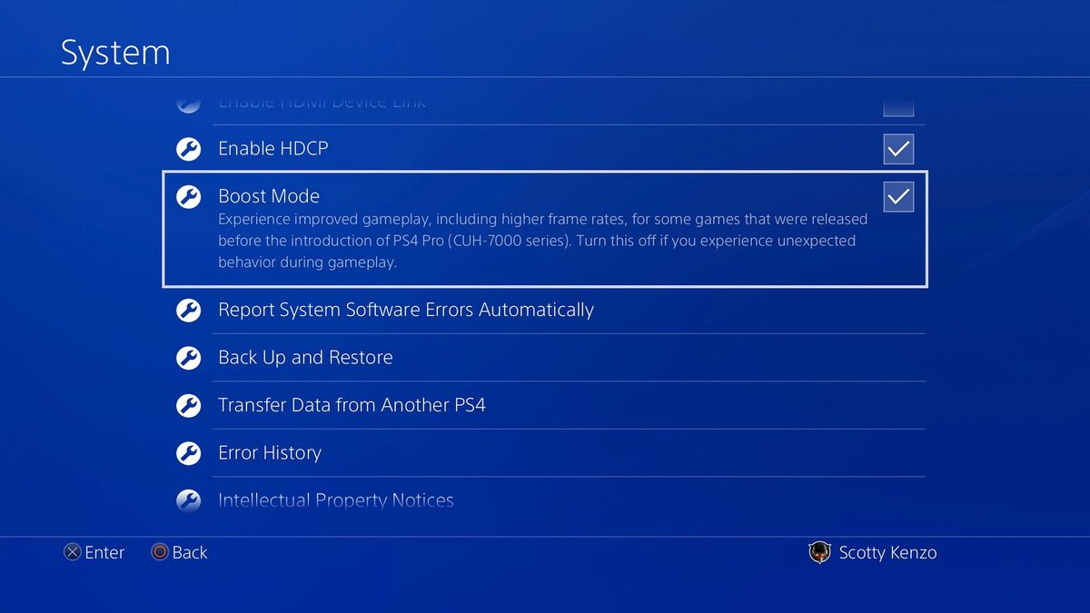 PS4 boost mode screen