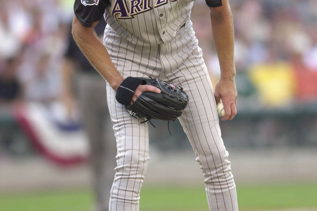 Randy Johnson pitches for the National League during the 2001 Major League Baseball All-Star game at Safeco Field in Seattle. Credit: Otto Gruele/Allsport 