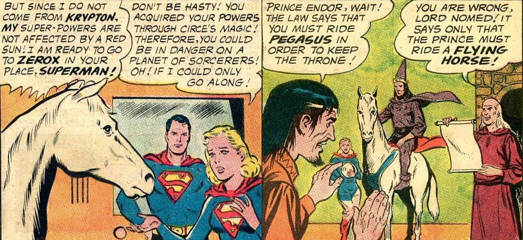 Comet the Super-Horse talks to Superman and Supergirl before being ridden by a man in a wizard hat.