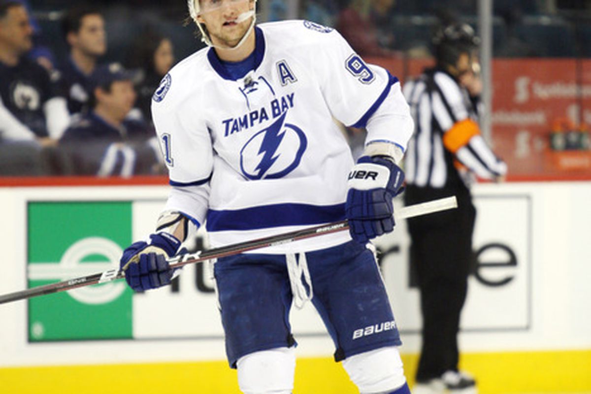April 7, 2012; Winnipeg, MB, CAN; Tampa Bay Lightning forward Steven Stamkos (91) during the second period against the Winnipeg Jets at the MTS Centre. Mandatory Credit: Bruce Fedyck-US PRESSWIRE