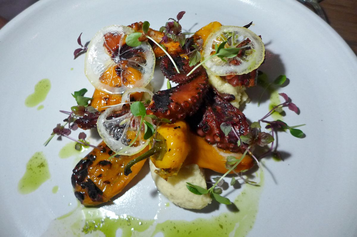 Charred octopus with fava bean puree