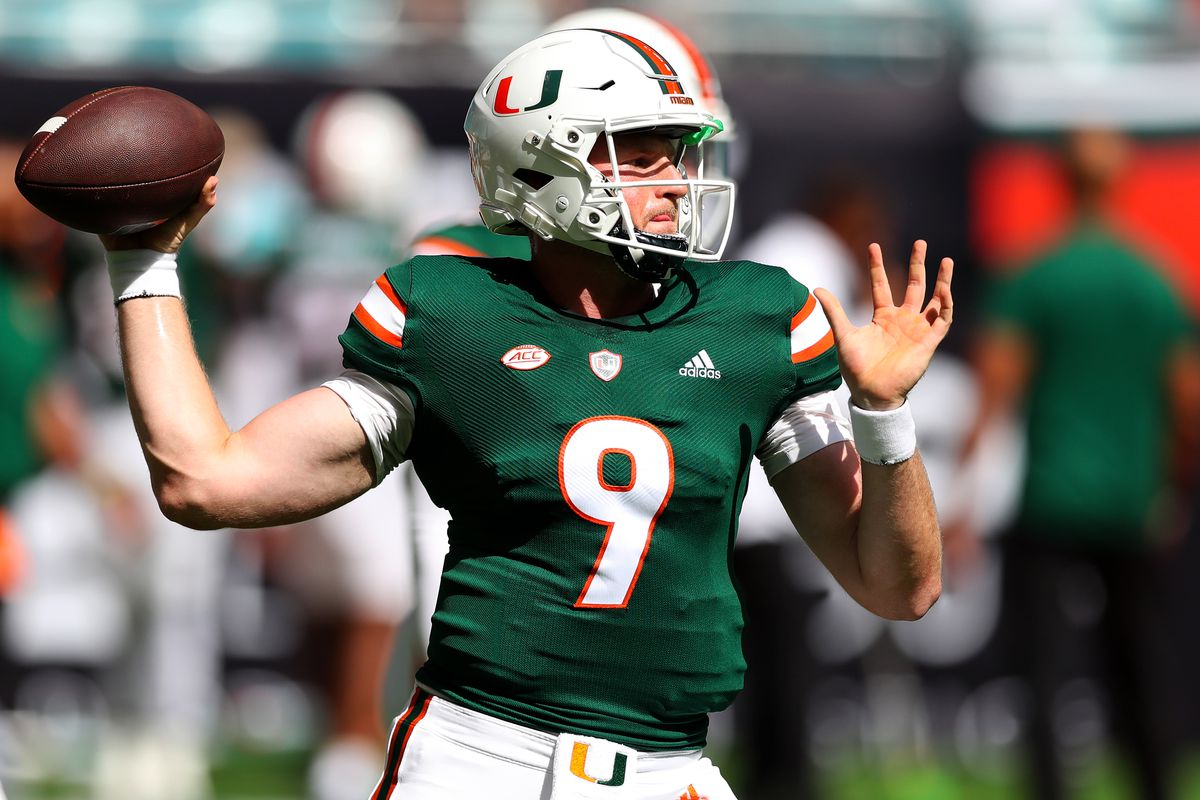 MIAMI GARDENS, FLORIDA - OCTOBER 22: Tyler Van Dyke #9 of the Miami Hurricanes warms up prior to playing the Duke Blue Devils at Hard Rock Stadium on October 22, 2022 in Miami Gardens, Florida.
