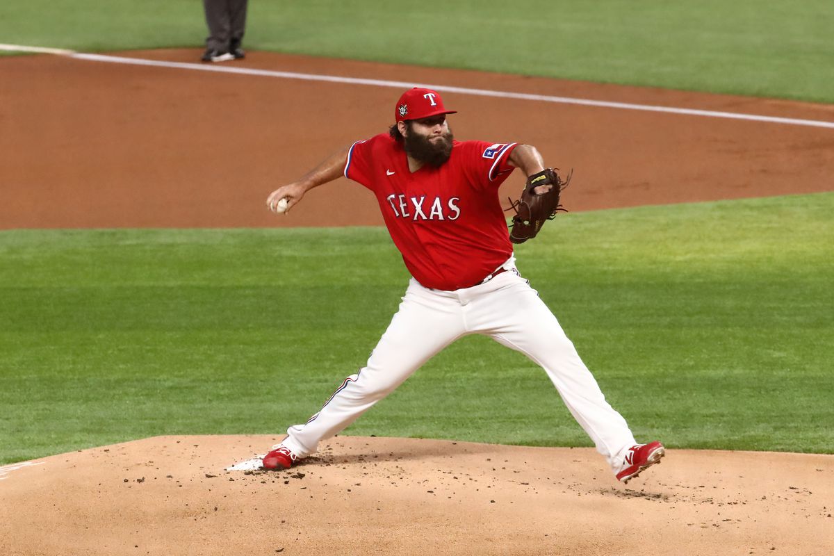 Texas Rangers starting pitcher Lance Lynn throws during the first inning against the Los Angeles Dodgers at Globe Life Field.