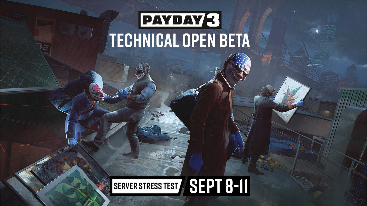 A promotional image featuring the text ‘Payday 3 technical open beta’ and ‘Server stress test Sept 8-11’, with four heisters on a rooftop in the background