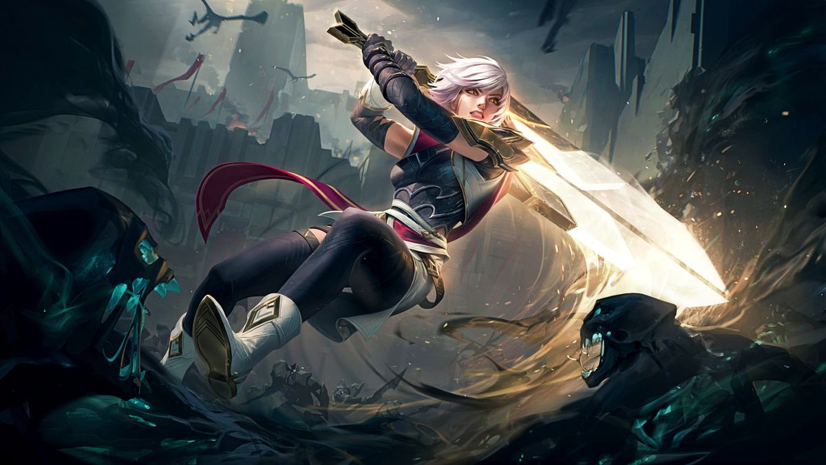League of Legends - Sentinel Riven’s splash art, which shows a white-haired young woman in armor wielding a giant glowing sword made out of pale gold stone.