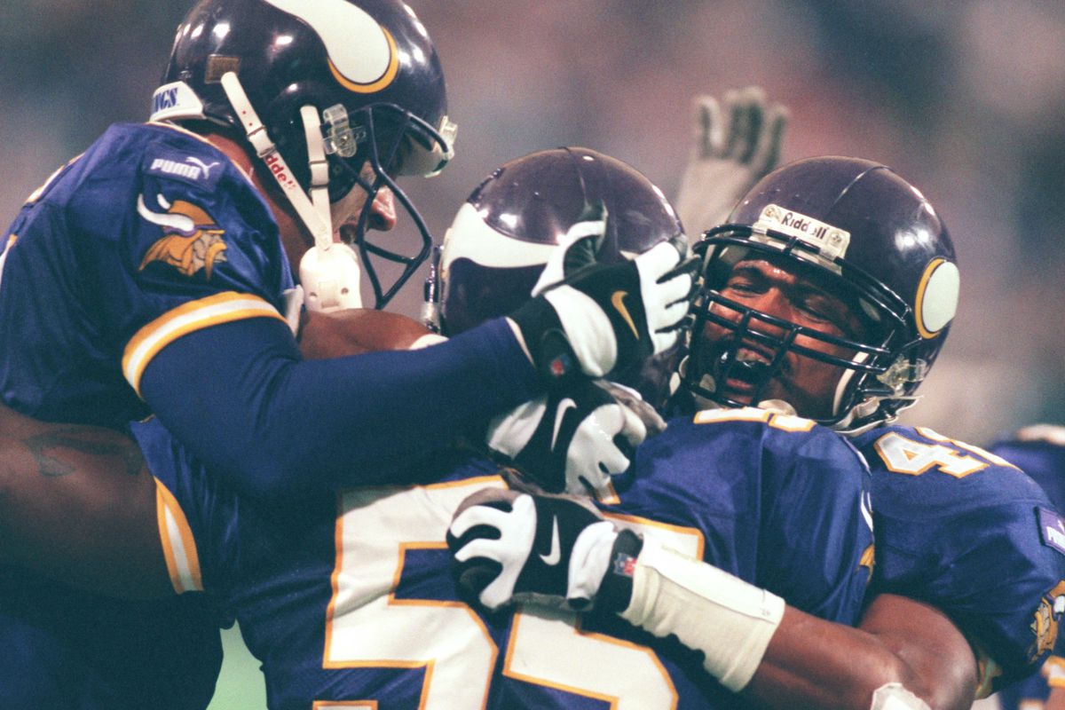 Oct. 3	-Tampa Bay - Minnesota Vikings — Minneapolis Mn, Sunday 10/3/99 Vikings vs Tampa----Minnesota Vikings Corey Miller (55) celebrates with Orlando Thomas (facing camera) after intercepting a Trent Dilfer 4th quarter pass just before the 2 minute wa