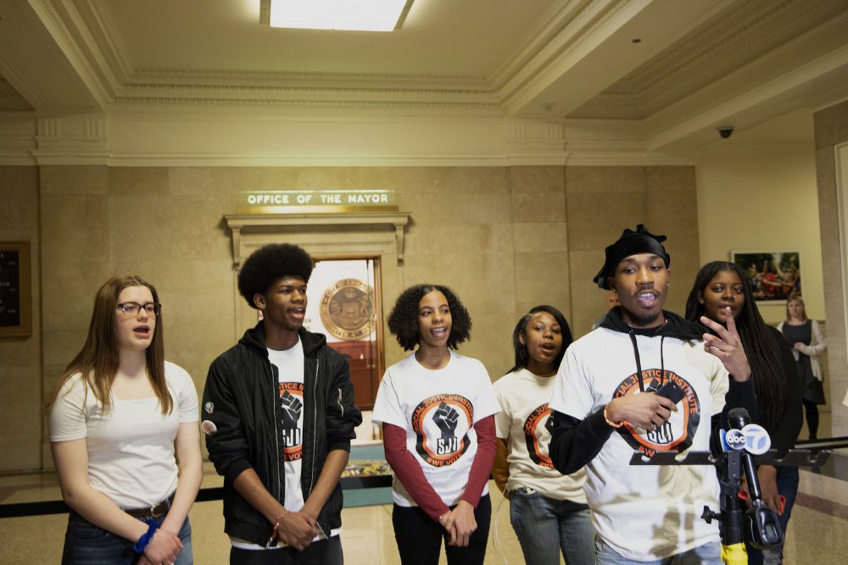 Jai Simpson, a member of a Chicago student environmental group called the Social Justice Institute, joined other activists in imploring Mayor Lori Lightfoot to reinstate the city’s department of environment.