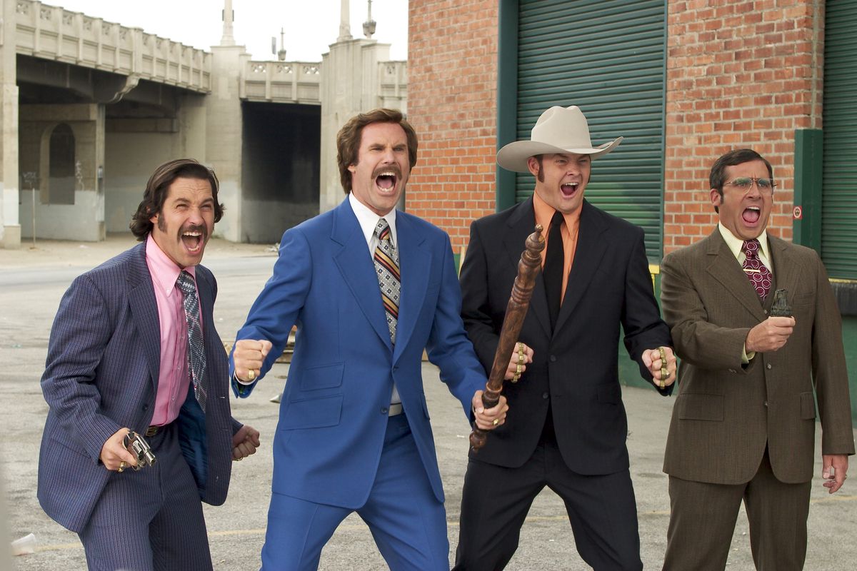 The cast of Anchorman screams during the parking lot fight