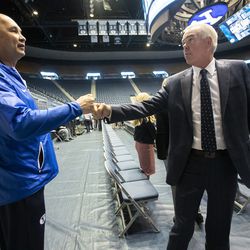 BYU Women's head Jeff Judkins and former men's head coach Dave Rose greet each other after Rose announced his retirement at a news conference inside the Marriott Center at Brigham Young University on Tuesday, March 26, 2019.