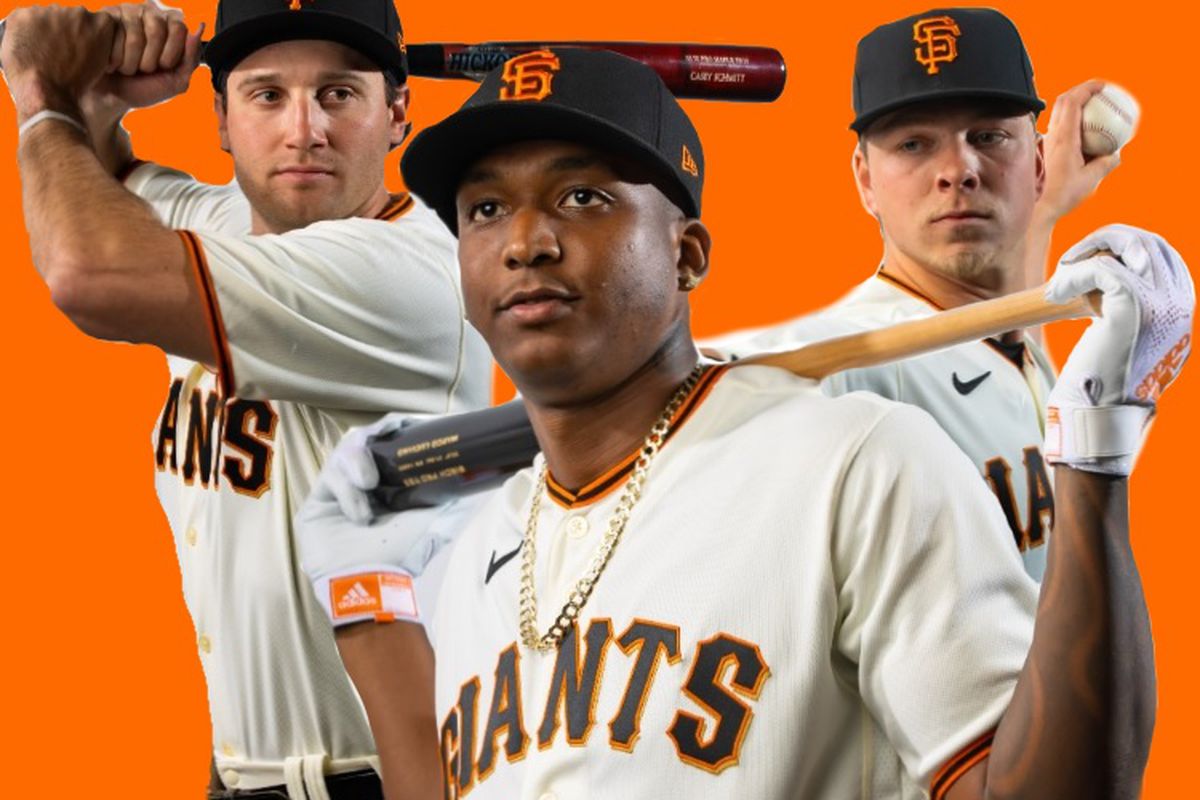 A picture of three San Francisco Giants prospects: third baseman Casey Schmitt, shortstop Marco Luciano, and left-handed pitcher Kyle Harrison