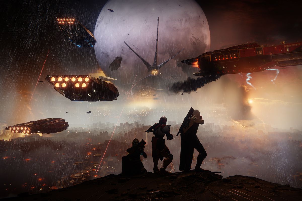 Destiny 2 campaign - three Guardians watching Cabal invasion