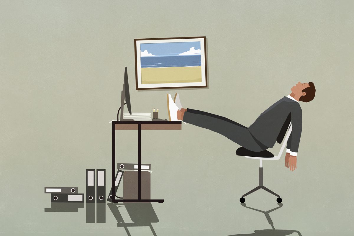 An illustration of a person sitting at a computer desk, leaning back in their chair with their feet on the desk as though exhausted.