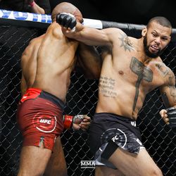 Thiago Santos tries to land a spinning attack at UFC 231.
