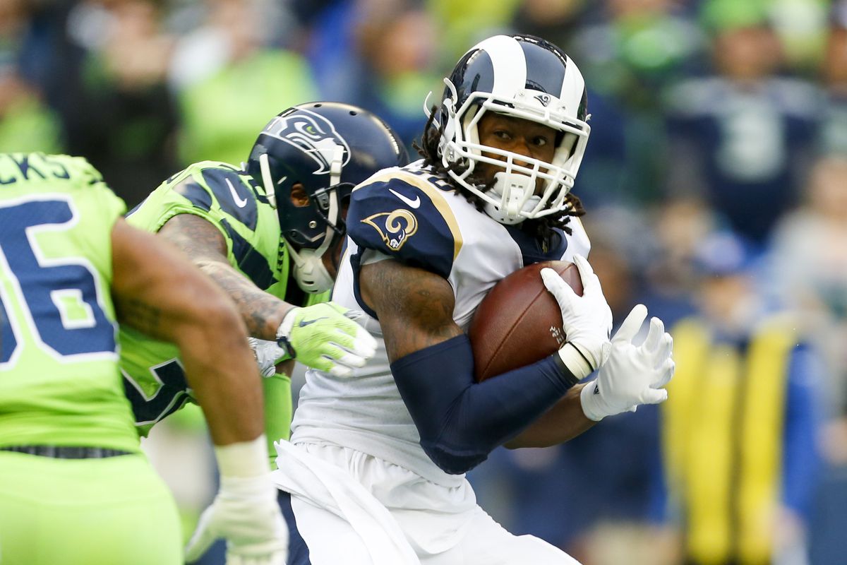 Los Angeles Rams running back Todd Gurley rushes against the Seattle Seahawks during the first quarter at CenturyLink Field.