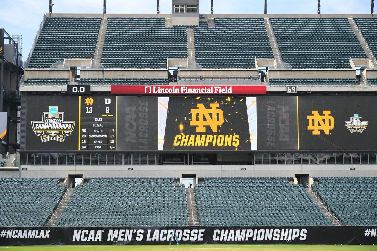 A general view of Notre Dame national champions signage on the videoboard following the NCAA Division I Men’s Lacrosse Championship game between the Duke Blue Devils and the Notre Dame Fighting Irish on May 29, 2023, at Lincoln Financial Field in Philadelphia, PA. The Fighting Irish defeated the Blue Devils 13-9 to win the national championship.