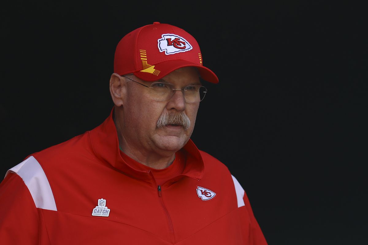 Head coach Andy Reid of the Kansas City Chiefs walks onto the field prior to the game against the Philadelphia Eagles at Lincoln Financial Field on October 3, 2021 in Philadelphia, Pennsylvania.