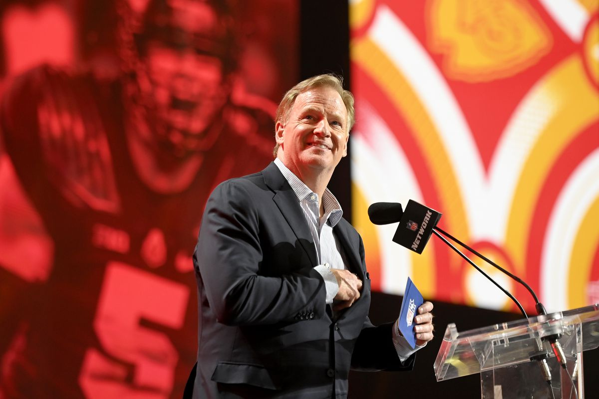 NFL Commissioner Roger Goodell smiles during round one of the 2022 NFL Draft on April 28, 2022 in Las Vegas, Nevada.