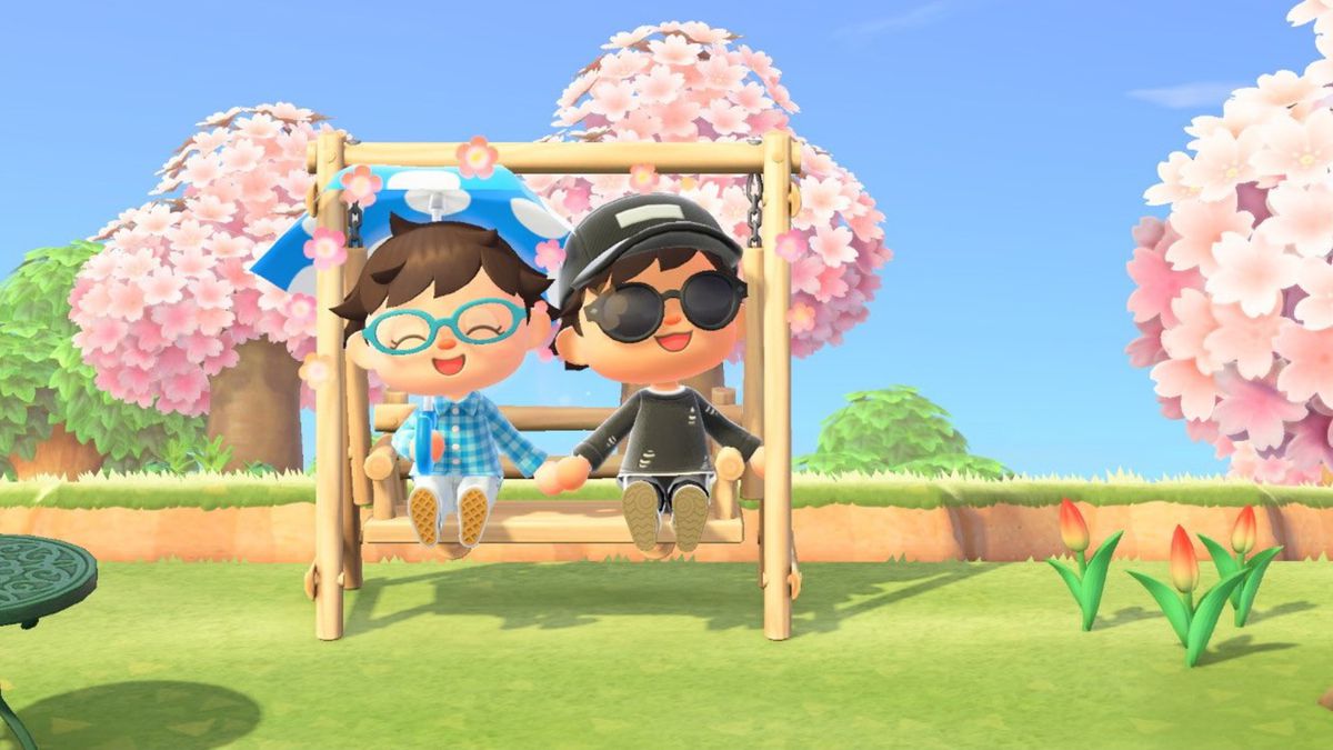 Two Animal Crossing human residents happily sit on a porch swing, surrounded by cherry blossom trees.