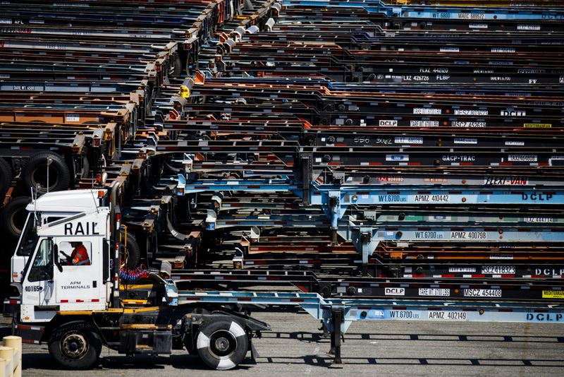 Rows of truck chassis waiting to be loaded with containers.