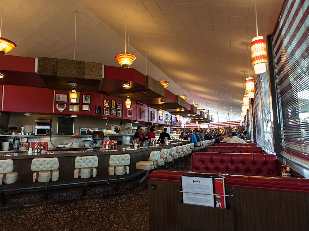 A wide angle of a classic Googie diner Pann’s in Los Angeles.