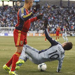 Real's Alvaro Saborio and Kansas City's Benny Feilhaber tangle as Real Salt Lake and Sporting KC play Saturday, Dec. 7, 2013 in MLS Cup action.
