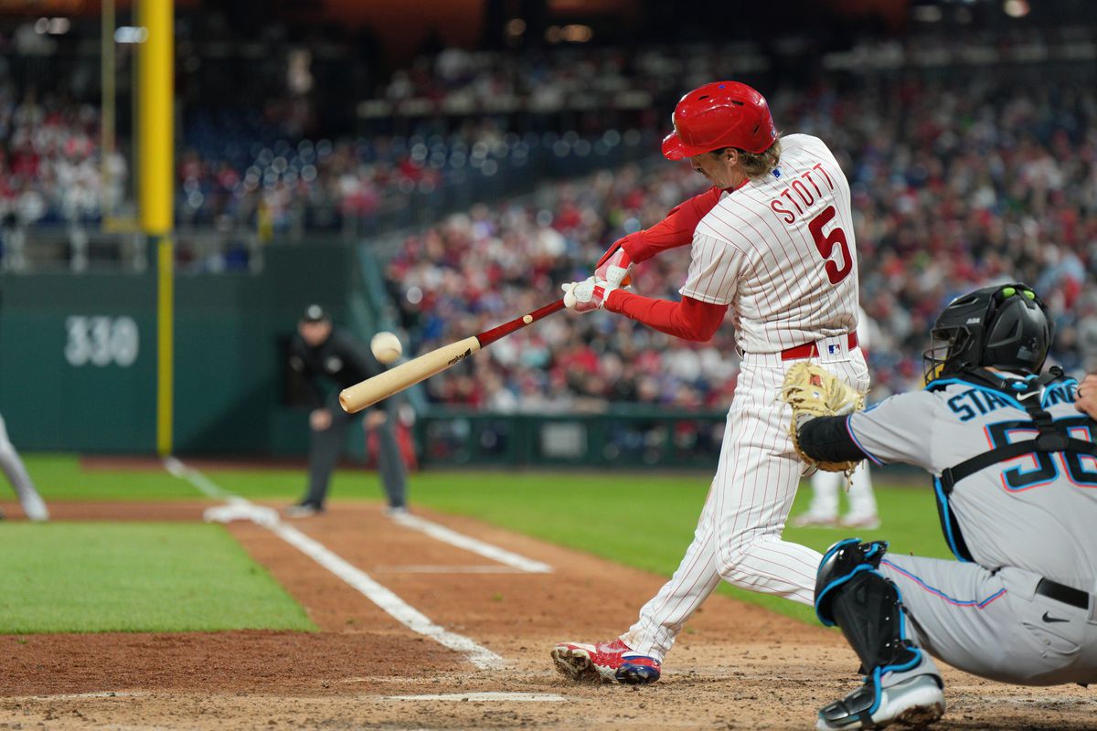 Philadelphia Phillies second baseman Bryson Stott bats a base hit during the game between the Miami Marlins and the Philadelphia Phillies on April 10, 2023 at Citizens Bank Park in Philadelphia, PA.