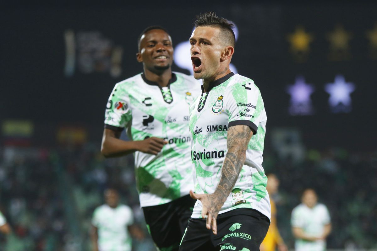 Brian Lozano of Santos celebrates after scoring the first goal of his team during the 1st round match between Santos Laguna and Tigres UANL as part of the Torneo Grita Mexico C22 Liga MX at Corona Stadium on January 8, 2022 in Torreon, Mexico.