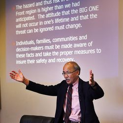Ivan Wong, lead author of a new report concerning probabilities of earthquakes along the Wasatch Front, speaks during the quarterly meeting of the Utah Seismic Safety Commission in Salt Lake City on Monday, April 18, 2016.