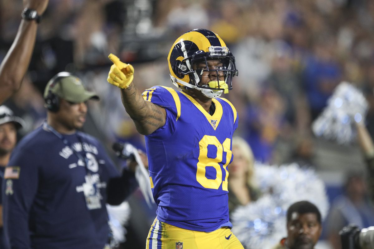 Tight end Gerald Everett of the Los Angeles Rams reacts in the game against the Chicago Bears at Los Angeles Memorial Coliseum on November 17, 2019 in Los Angeles, California.