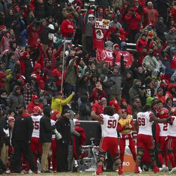 The Utah bench gets the crowd fired up during the University of Utah football game against the University of Colorado at Folsom Field in Boulder, Colorado, on Saturday, Nov. 17, 2018.
