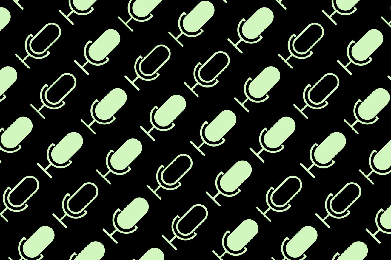 Repeating green microphones over a black background