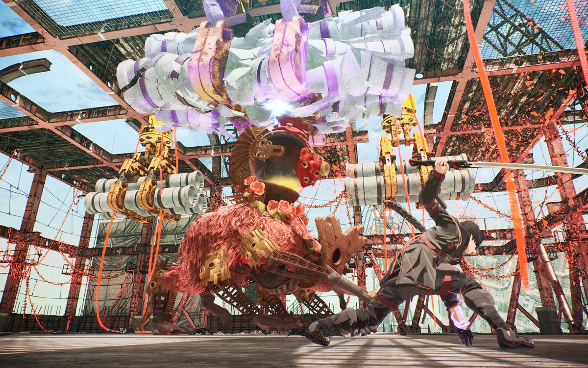 Scarlet Nexus character Yuito Sumirage faces off against a gainat beetle made of flowers, a clay mask, and construction equipment inside a half-finished building