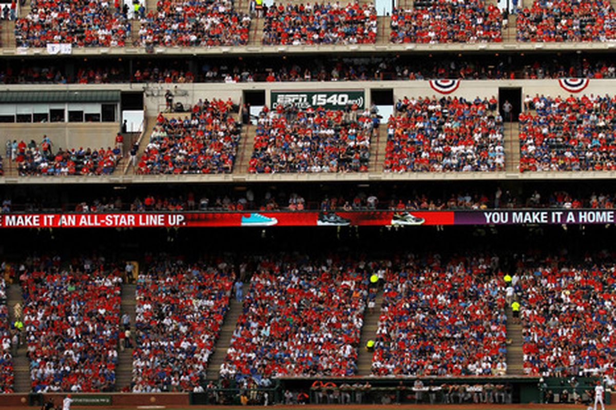 A view of Game Two of the American League Championship Series between the Detroit Tigers and the Texas Rangers at Rangers Ballpark in Arlington, Texas.  (Photo by Ronald Martinez/Getty Images)