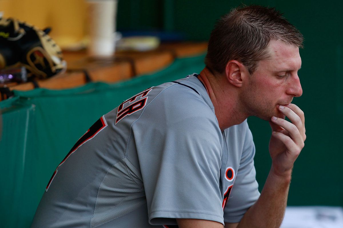 PITTSBURGH, PA - JUNE 23:  Max Scherzer #37 of the Detroit Tigers sits in the dugout after pitching only days after hit brother died against the Pittsburgh Pirates during the game on June 23, 2012 at PNC Park in Pittsburgh, Pennsylvania. 