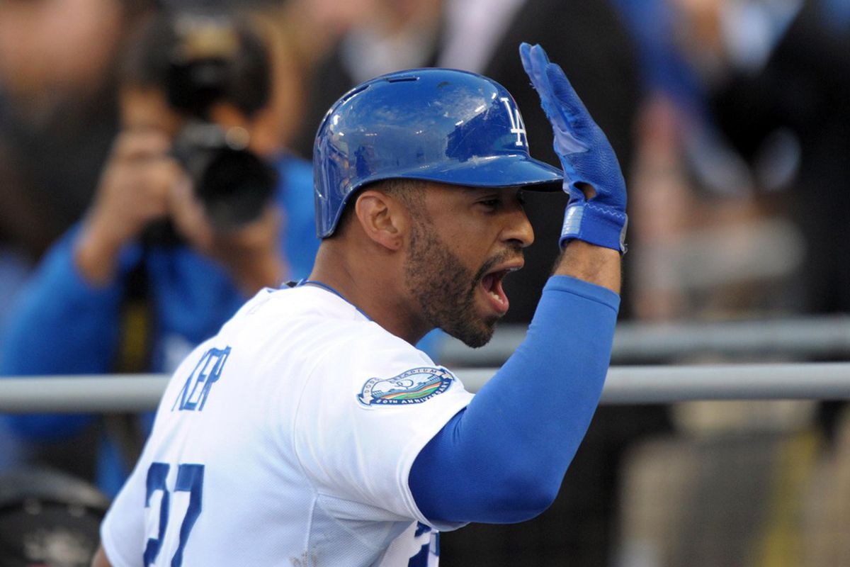 Apr 14, 2012; Los Angeles, CA, USA; Los Angeles Dodgers center fielder Matt Kemp (27) reacts after hitting a two-run home run in the first inning against the San Diego Padres at Dodger Stadium. Mandatory Credit: Kirby Lee/Image of Sport-US PRESSWIRE
