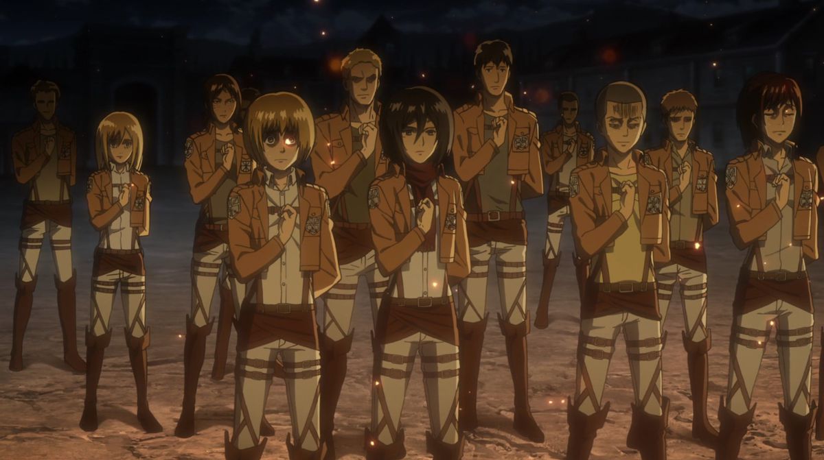 Anime characters in brown and white military attire crossing their arms alternately in front of and behind their backs in a salute in Attack on Titan.